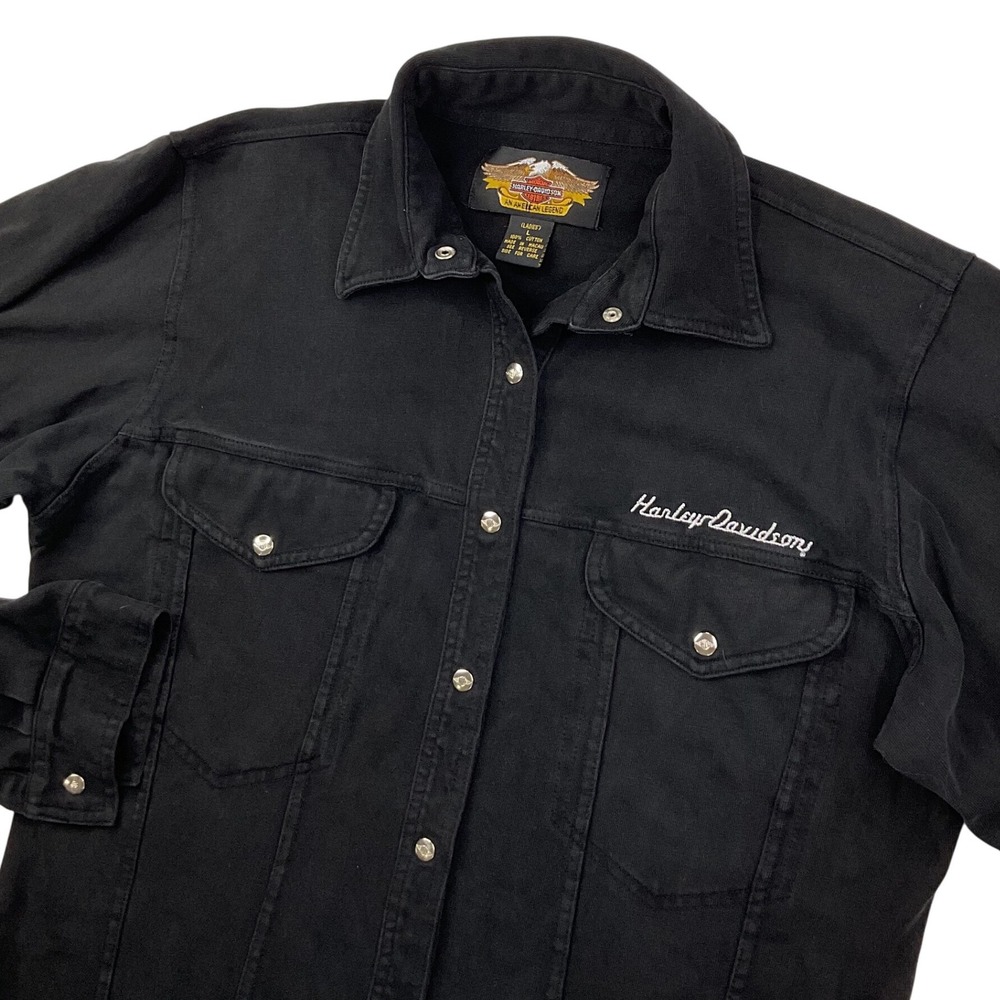 Harley Davidson Shirt Heavy Knit Metal Buttons Shacket Women Sz L Embroidered